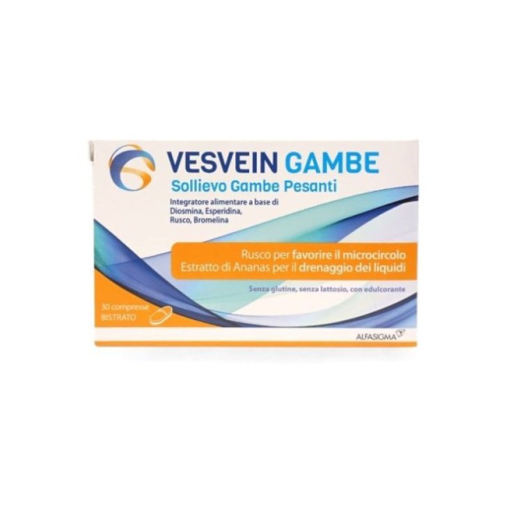 Vesvein Gambe Integratore Sollievo Gambe Pesanti con Diosmina Rusco e Bromelina 30 Compresse - Alfasigma Vesvein Gambe Integratore Sollievo Gambe Pesanti con Diosmina Rusco e Bromelina 30 Compresse - Alfasigma