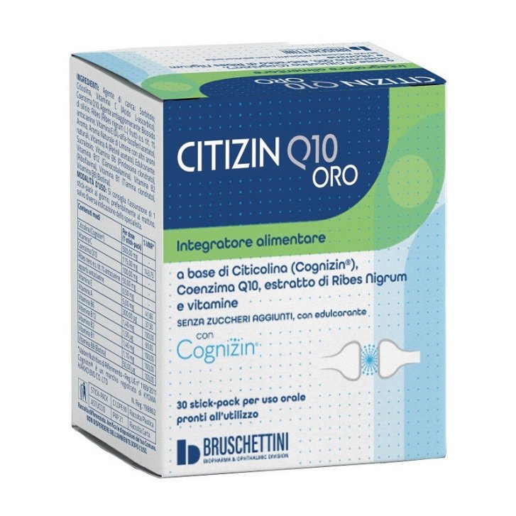 Citizin Q10 Oro Integratore con Citicolina Coenzima Q10 e Vitamine Senza Glutine e Lattosio 30 Stick-Pack - Bruschettini