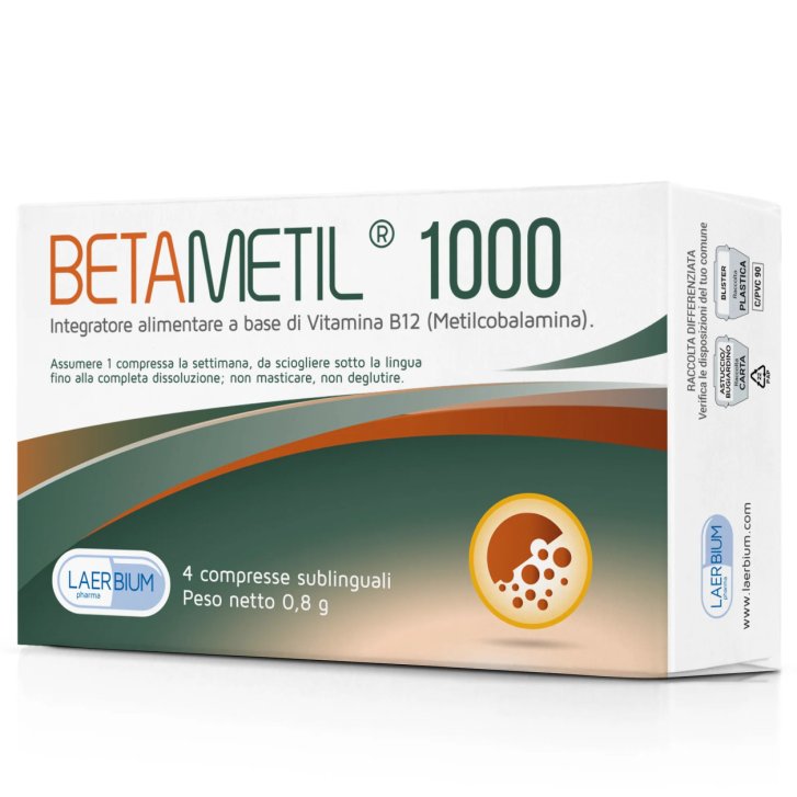 Betametil 1000 Integratore Vitamina B12 Metilcobalamina Sublinguale Senza Glutine e Lattosio 4 Compresse - Laerbium Pharma