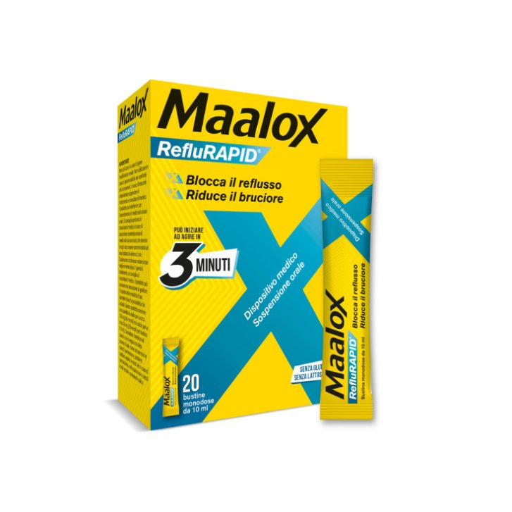 Maalox RefluRapid Dispositivo Medico per Reflusso Gastroesofageo Gusto Menta 20 Bustine da 10ml - Maalox