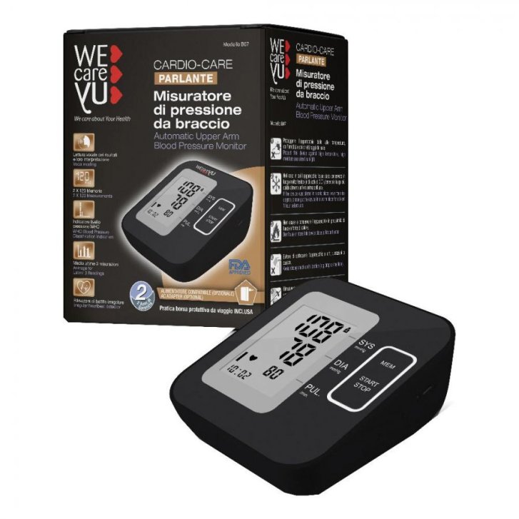 Cardio-Care Misuratore di Pressione da Braccio Parlante con Memoria 120 Misurazioni e Rilevatore Battito Irregolare - Wecareyu