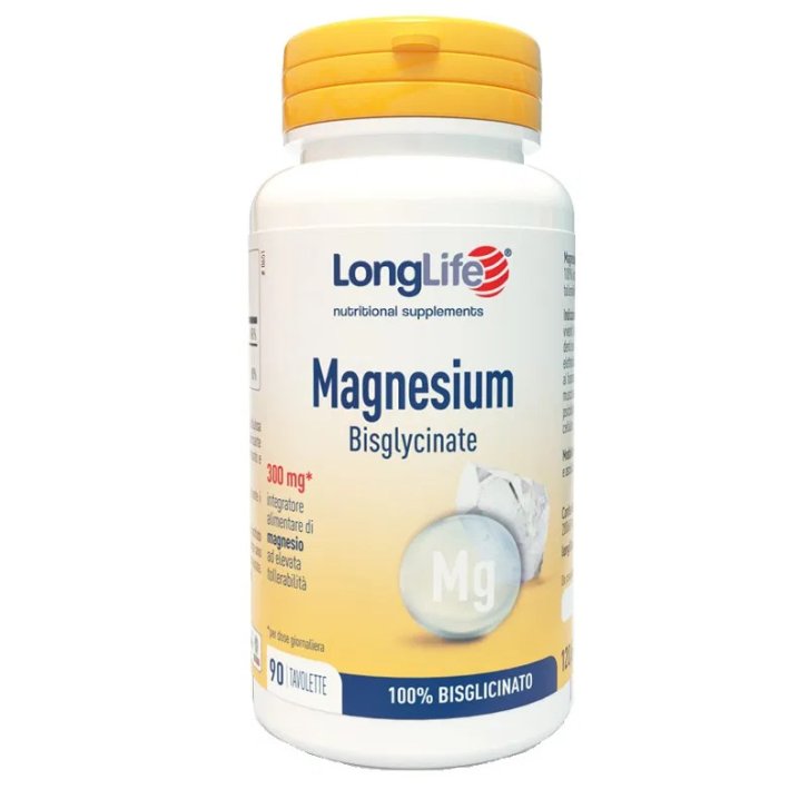 Magnesium Bisglycinate Integratore Magnesio 300mg Senza Glutine Vegan 90 Tavolette - LongLife