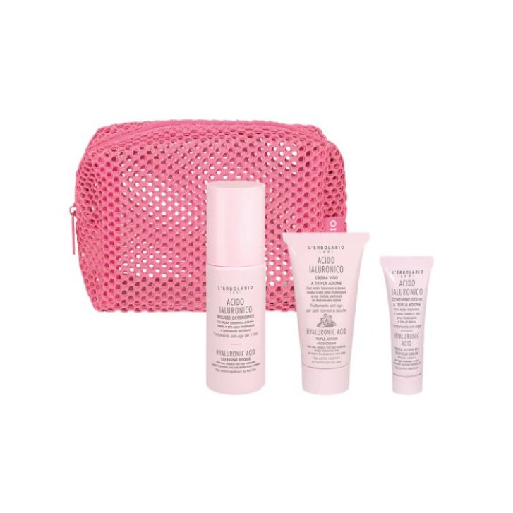 L'Erbolario Kit Cura del Viso Mousse Detergente, Crema Viso e Contorno Occhi Formato Viaggio 3 Pezzi - Acido Ialuronico