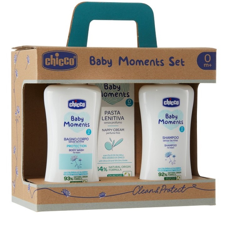 CHICCO BABY MOMENTS SET BAGNOCHIUMA PELLI DELICATE 200 ML +SHAMPOO PELLI DELICATE 200 ML + PASTA CAMBIO PELLI DELICATE100 ML