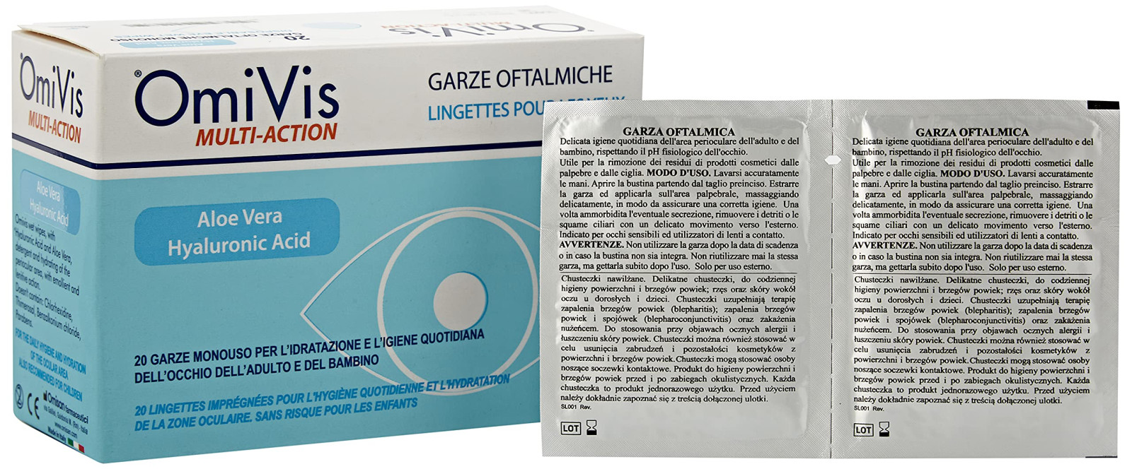 Omivis Garze Oftalmiche Monouso 20 Pezzi con Acido Ialuronico e Aloe Vera per Occhi