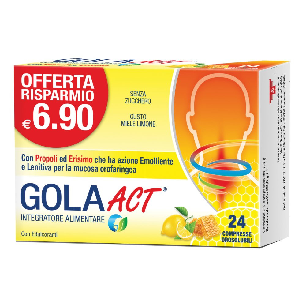 Gola Act Integratore Gola con Erisimo Vitamina C e Propoli 24 Compresse Miele Limone - F&F