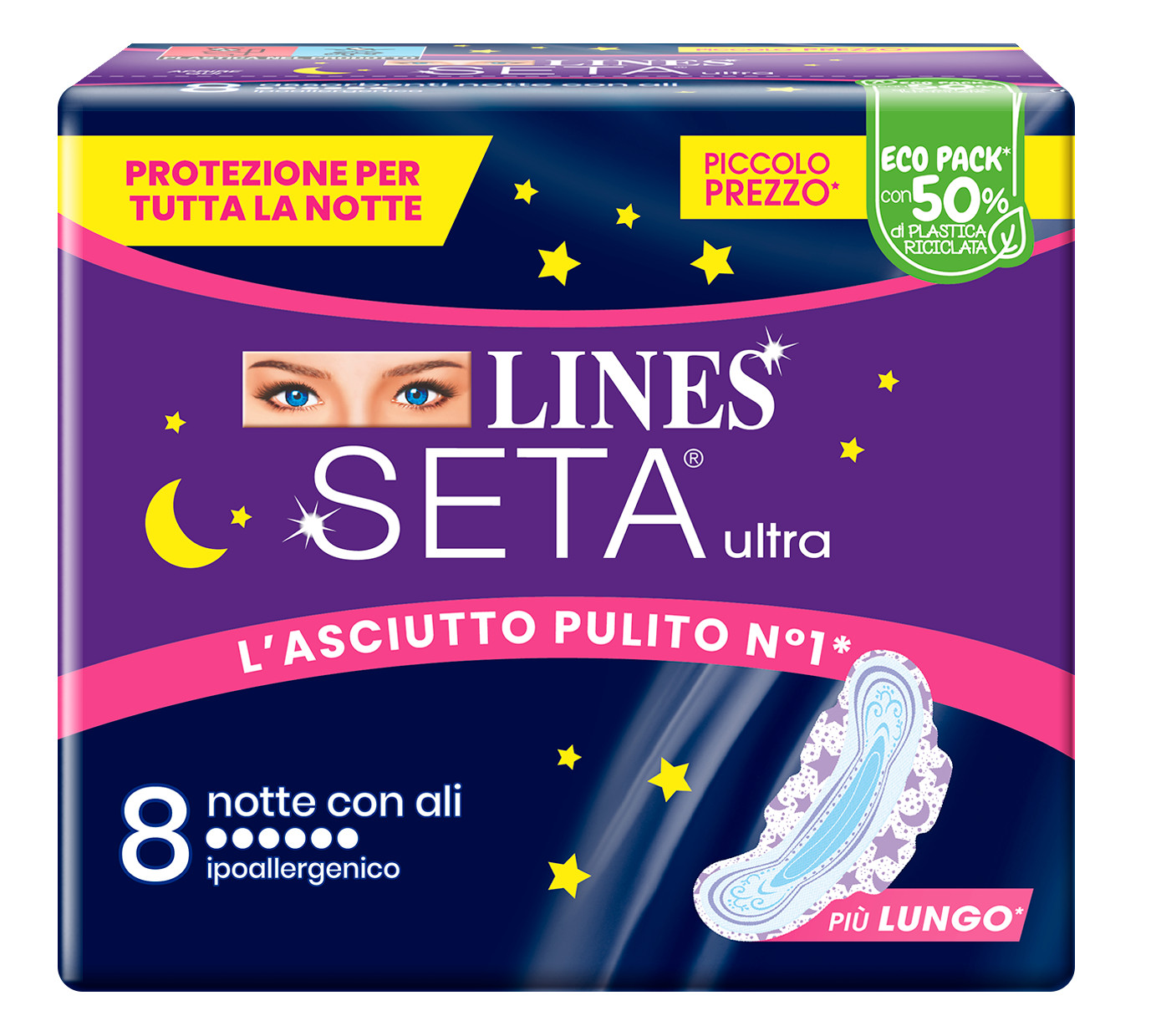 Lines Seta Ultra Assorbenti Notte con Ali 8 Pezzi - Lines