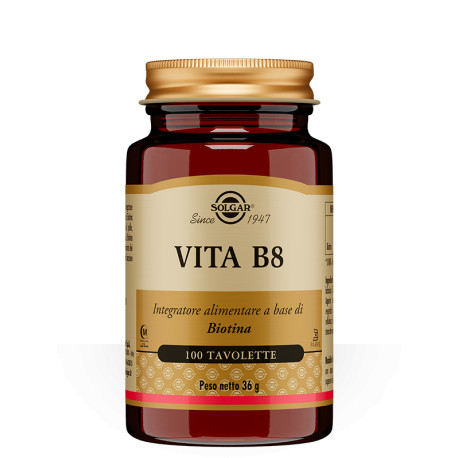 Vita B8 Integratore Biotina per Pelle, Capelli e Sistema Nervoso, 100 Tavolette - Solgar