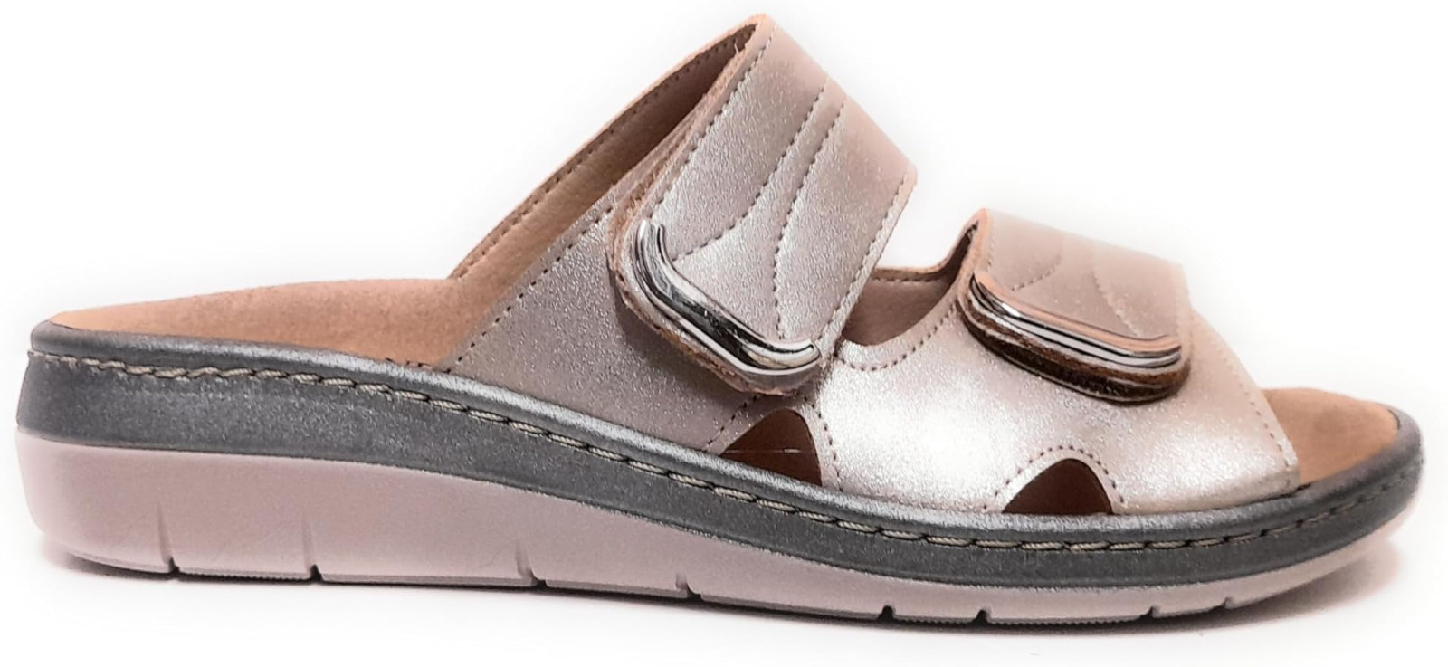 Ciabatta Donna Platino Metallizzata in Vera Pelle con Zeppa Rialzata - Grünland