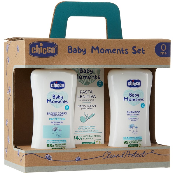 CHICCO BABY MOMENTS SET BAGNOCHIUMA PELLI DELICATE 200 ML +SHAMPOO PELLI DELICATE 200 ML + PASTA CAMBIO PELLI DELICATE100 ML