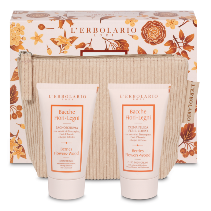 BACCHE FIORI LEGNI BEAUTY POCHETTE BIANCOSPINO BAGNOSCHIUMA 75 ml + CREMA CORPO 75 ml edizione limitata