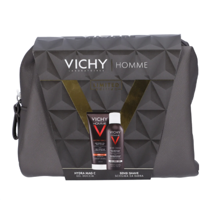 Vichy Homme Pochette Regalo da Uomo per le esigenze specifiche della pelle maschile con Gel Doccia Hydra Mag C 200 ml + Schiuma Da Barba Sensi Shave 200 ml