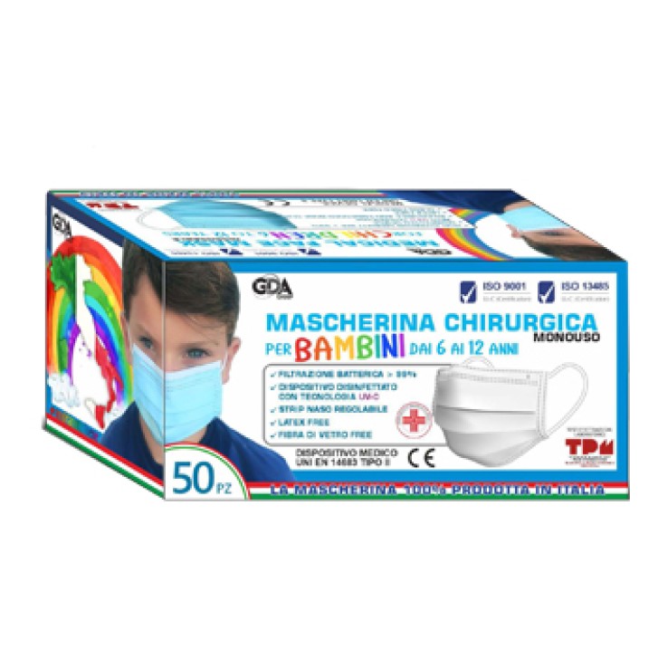 MASCHERINA CHIRURGICA GDA PER BAMBINI 6/12 ANNI TIPO II TNTMONOUSO 5 BUSTE DA 50 PEZZI