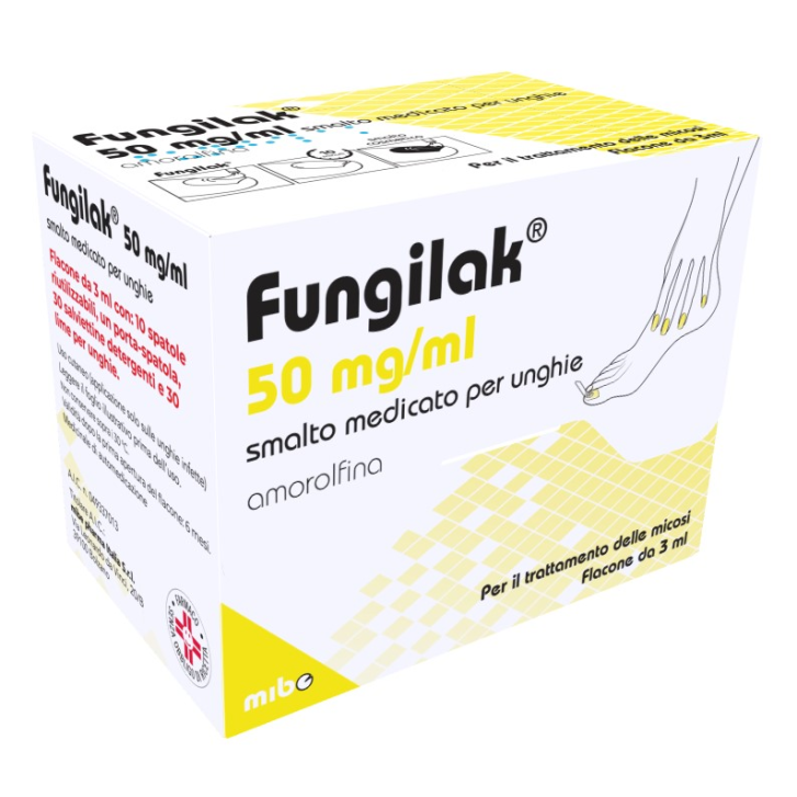 FUNGILAK*smalto unghie 1 flacone 3 ml 50 mg/ml + 10 spatoleriutilizzabili + 1 porta spatola + 30 salviettine detergenti+ 30 limette